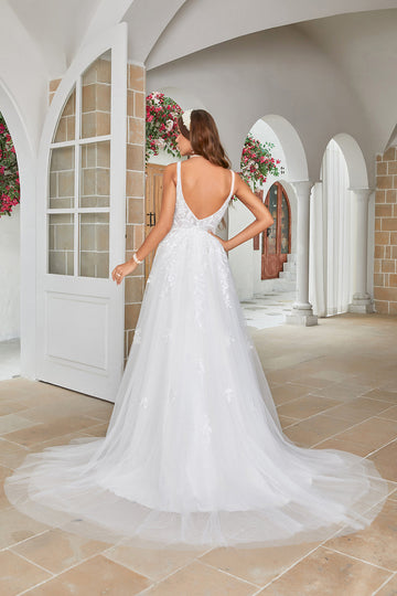 Robe de mariée Wax V-Neck Sweep Train en ivoire avec dentelle